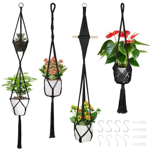 flintronic 4er Set Makramee Blumenampel, Boho Deko Baumwollseil Hängeampel Hängetopf für Pflanzen mit 4Pc S Metallhaken für Innen, Garten, Wohnzimmer, Außen, Balkon, Fenster, Balkone Wanddekoration