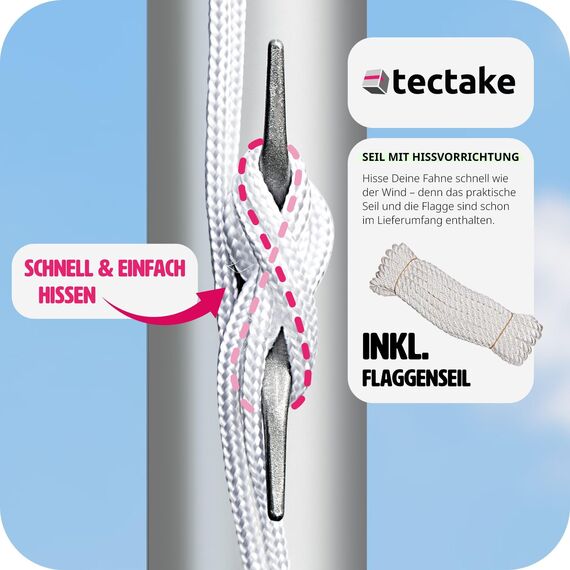 tectake Fahnenmast aus Aluminium, Teleskop Fahnenstange Set mit Flagge, Bodenhülsen, Seilzug, höhenverstellbar bis zu 6,50 m - ideal für Balkon, Garten, Festival und Camping - Deutschland