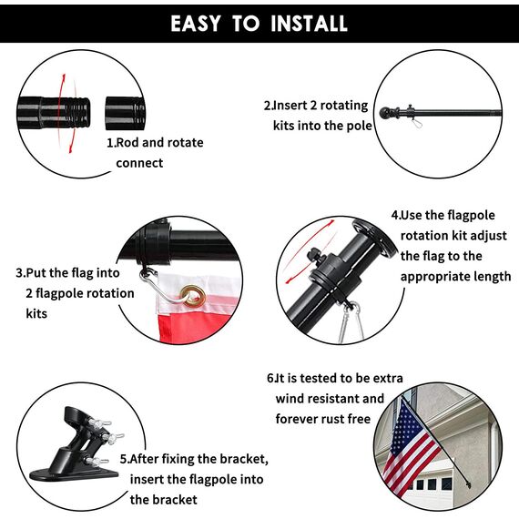 Fahnenmast mit Halterung, 1.5 m, Fahnenmast-Set, amerikanische Flagge mit Stangenhalterung, Edelstahl, strapazierfähig, für Garten, Hof, rostfrei (1.5 m, schwarzer Fahnenmast mit schwarzer Halterung)