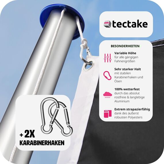 tectake Fahnenmast aus Aluminium, Teleskop Fahnenstange Set mit Flagge, Bodenhülsen, Seilzug, höhenverstellbar bis zu 6,50 m - ideal für Balkon, Garten, Festival und Camping - Deutschland