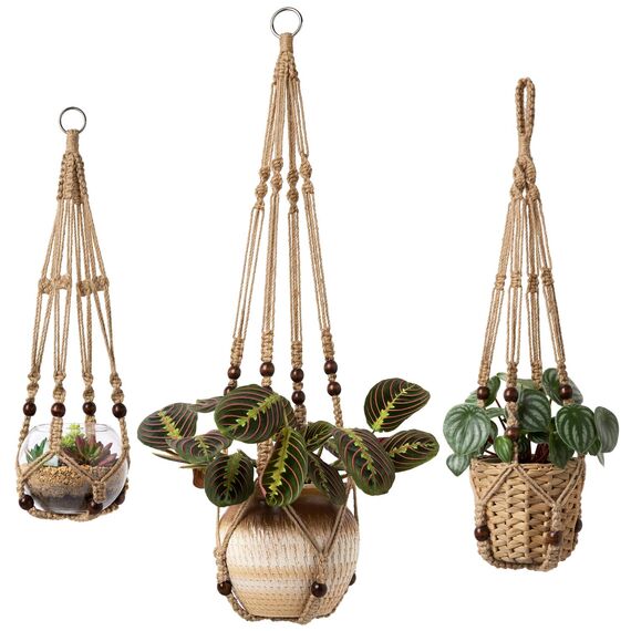 Mkouo 3er Set Makramee Blumenampel Pflanzenhänger Innen Pflanzkorb Hängender Blumentopfhalter Jute-Seil mit Perlen ohne Quasten Jute-Seil, 58cm/73cm/89cm, Braun