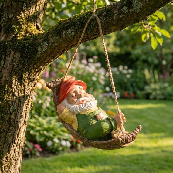 TERESA'S COLLECTIONS Gartenzwerge Gartendeko für Draußen Liegender Zwerg Gartenfigur aus Hängematte Kunstharz Wasserdicht Gartenwichtel Figur GNOME Gartendeko Geschenke für Frauen