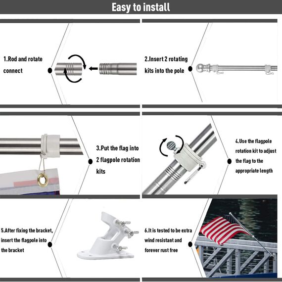 TALITARE Fahnenmast aus Aluminium Silber mit Fahnenmasthalter aus Edelstahl, Edelstahl 180 cm Fahnenstange kit mit Halterung mit Drehbaren Ringen/Weiße Basis