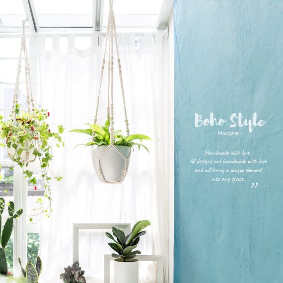 Mkouo 3er Set Makramee Blumenampel Pflanzenhänger Innen Pflanzkorb Hängender Blumentopfhalter Baumwollseil mit Perlen ohne Quasten, 73cm/89cm/109cm, Weiß