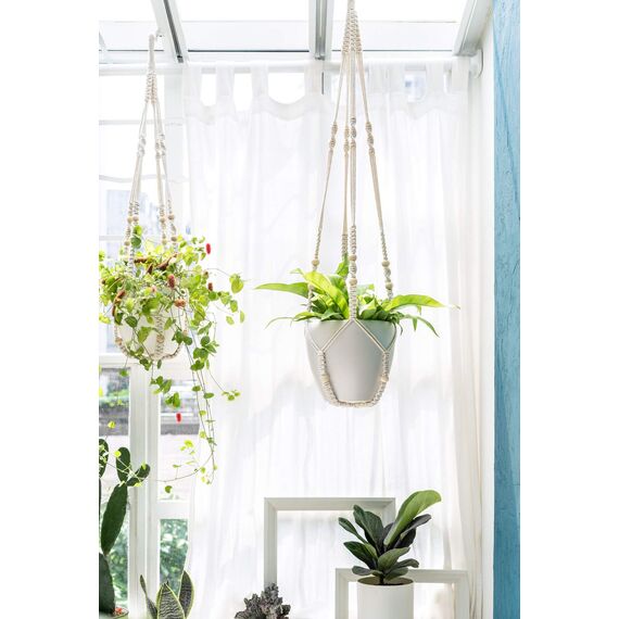 Mkouo 3er Set Makramee Blumenampel Pflanzenhänger Innen Pflanzkorb Hängender Blumentopfhalter Baumwollseil mit Perlen ohne Quasten, 73cm/89cm/109cm, Weiß