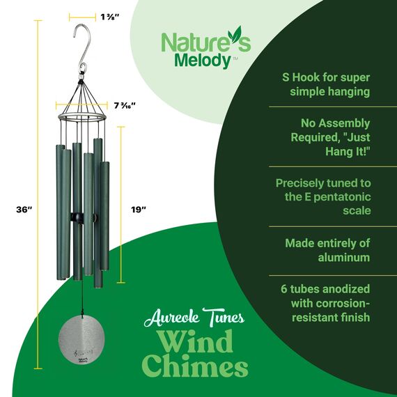 Nature's Melody Aureole Tunes Windspiel – Outdoor-Windspiel mit 6 Röhren, abgestimmt auf E Pentatonische Skala, 100% rostfreies Aluminium, Pulver-Finish und S-Hakenaufhänger für Trauer, Gedenkgeschenk
