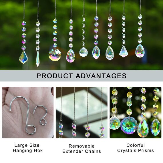 H&D HYALINE & DORA 9 Stück Kristall Regenbogen Sonnenfänger, hängende Glasprismen, Regenbogen Maker, Sonnenfänger für Fenster, bunter Anhänger für Heimdekoration