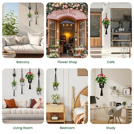 flintronic 4er Set Makramee Blumenampel, Boho Deko Baumwollseil Hängeampel Hängetopf für Pflanzen mit 4Pc S Metallhaken für Innen, Garten, Wohnzimmer, Außen, Balkon, Fenster, Balkone Wanddekoration