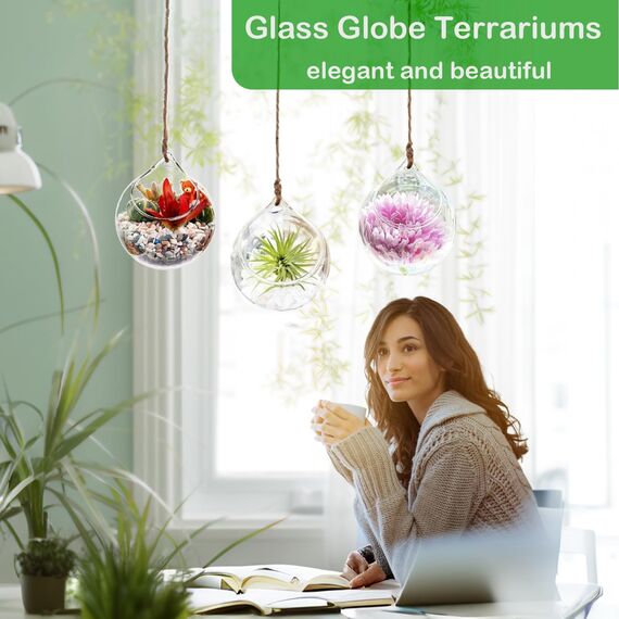 Hängendes Pflanzgefäß aus Glas, Luftfarnhalter, Terrarienbehälter, Luftpflanzen, Sukkulenten, Globusform, Heim-/Gartendekoration, Geschenk für Pflanzenliebhaber, 3 Stück, 11,9 cm