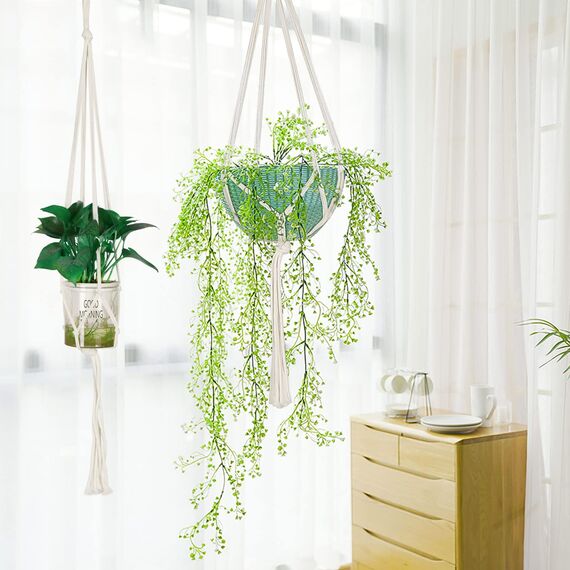 Flintronic 4er Set Makramee Blumenampel, Baumwollseil Hängeampel Hängetopf für Pflanzen mit 4Pc S Metallhaken für Innen, Garten, Wohnzimmer，Außen, Balkon, Fenster, Balkone Wanddekoration