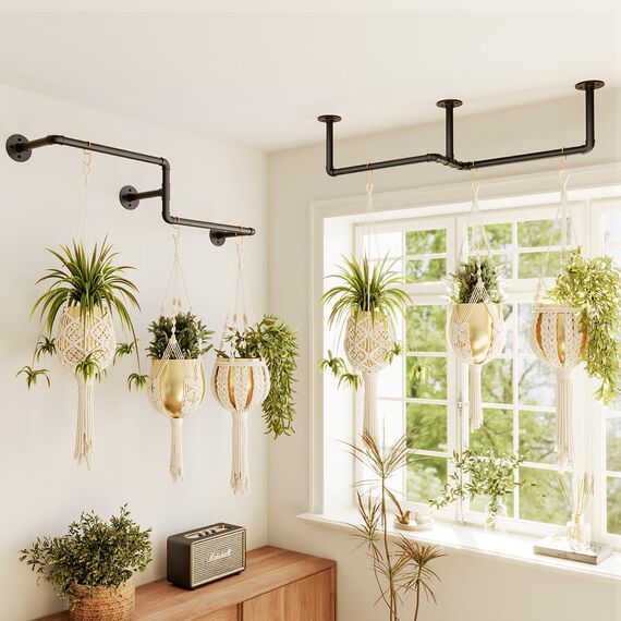 Bamworld Hängende Pflanzgefäße für Zimmerpflanzen, T-Form, Hängepflanzenhalter, Pflanzenaufhänger, Innenfenster, Pflanzenregale, Deckenwandhalterung, Schwarze Stange für Gartenwanddekoration