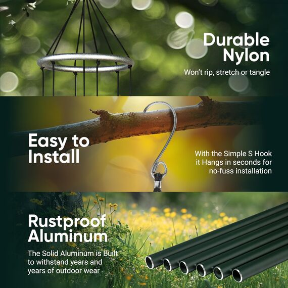 Nature's Melody Aureole Tunes Windspiel – Outdoor-Windspiel mit 6 Röhren, in B-Pentatonik gestimmt, 100% rostfreies Aluminium, Pulver-Finish und S-Hakenaufhänger für Trauer, Andenken oder Zen-Garten