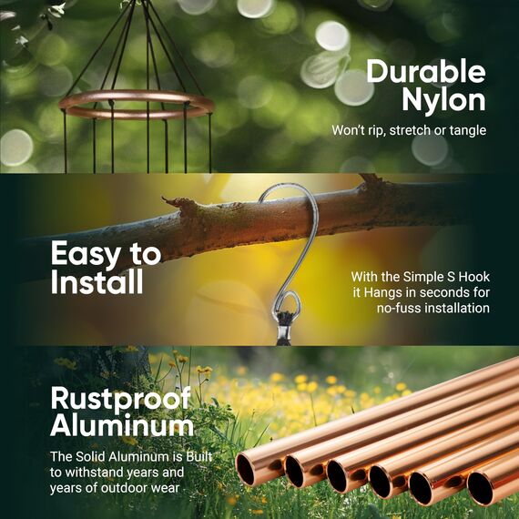 Nature's Melody Aureole Tunes Windspiel – Outdoor-Windspiel mit 6 Röhren, in B-Pentatonik gestimmt, 100% rostfreies Aluminium, Pulver-Finish und S-Hakenaufhänger für Trauer, Andenken oder Zen-Garten