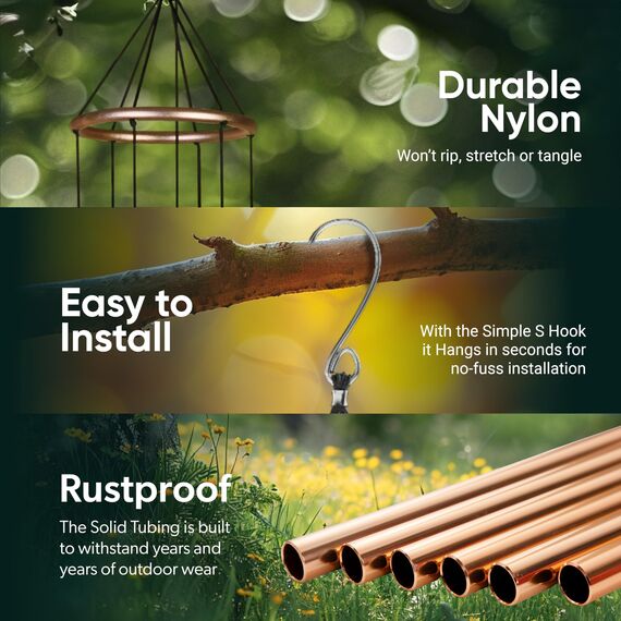 Nature's Melody Aureole Tunes Windspiel – Outdoor-Windspiel mit 6 Röhren, 100% rostfreies Aluminium, Pulver-Finish und S-Hakenaufhänger für Trauer, Gedenkgeschenk oder Zen-Garten (Bronze, 71,1 cm)