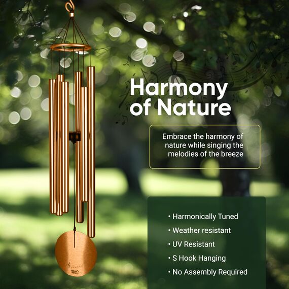 Nature's Melody Aureole Tunes Windspiel – Outdoor-Windspiel mit 6 Röhren, 100% rostfreies Aluminium, Pulver-Finish und S-Hakenaufhänger für Trauer, Gedenkgeschenk oder Zen-Garten (Bronze, 71,1 cm)