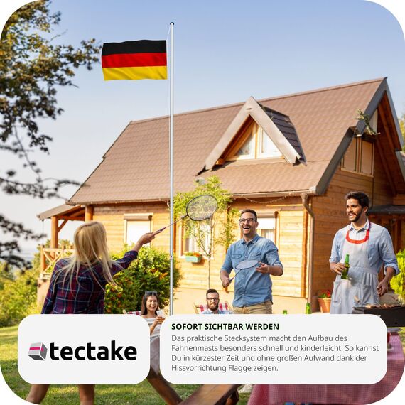 tectake Fahnenmast aus Aluminium, Teleskop Fahnenstange Set mit Flagge, Bodenhülsen, Seilzug, höhenverstellbar bis zu 6,50 m - ideal für Balkon, Garten, Festival und Camping - Deutschland