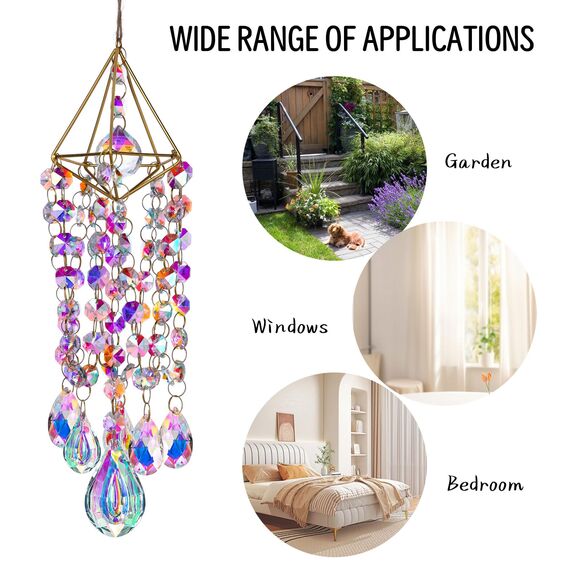 HDCRYSTALGIFTS Vergoldet Kristall Sonnenfänger Windspiel für Garten & Fenster | Handgefertigter Regenbogenmacher, Lichtfänger | Outdoor Windspiel mit Buntglas, Boho Deko zum Aufhängen