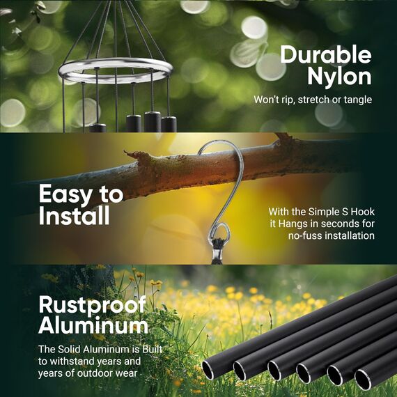 Nature's Melody Windspiel für den Außenbereich, mit 6 Röhren, mit Pentaton-Skala, 100% rostfreiem Aluminium, Pulver-Finish, S-Haken für Trauer, Gedenkgeschenk oder Zen-Garten 42" schwarz