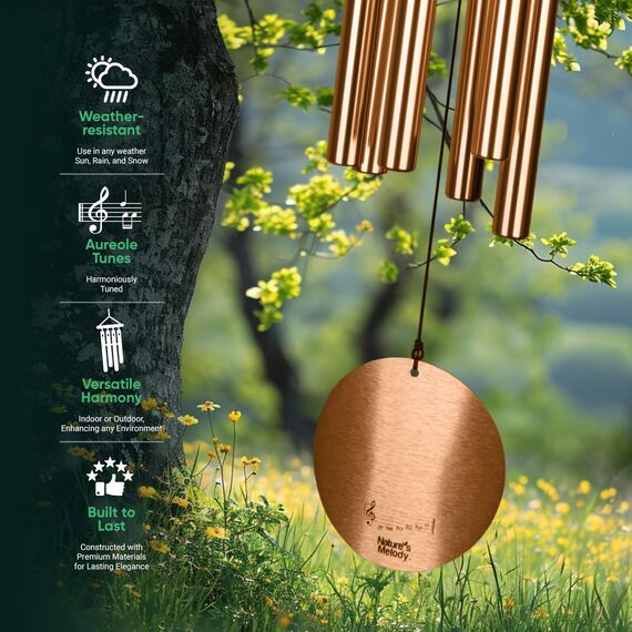 Nature's Melody Aureole Tunes Windspiel – Outdoor-Windspiel mit 6 Röhren, 100% rostfreies Aluminium, Pulver-Finish und S-Hakenaufhänger für Trauer, Gedenkgeschenk oder Zen-Garten (Bronze, 71,1 cm)