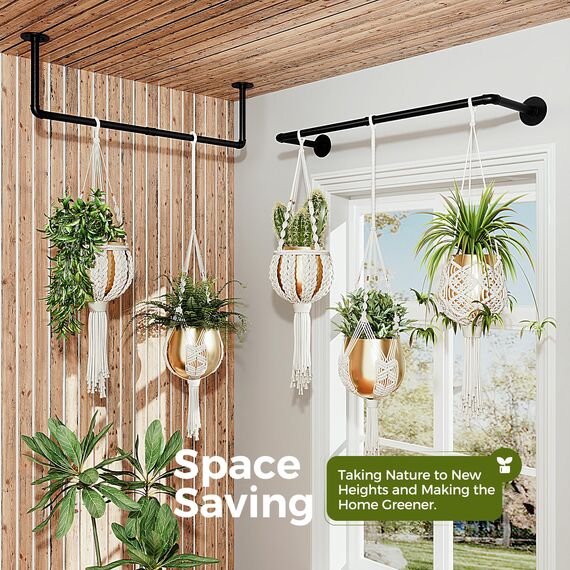 Bamworld 2er-Pack Hängepflanzgefäß für Zimmerpflanzen, Hängepflanzenhalter, Pflanzenaufhänger, Innendecke, Fenster, Pflanzenregale, Wandhalterung, Schwarze Metallstange