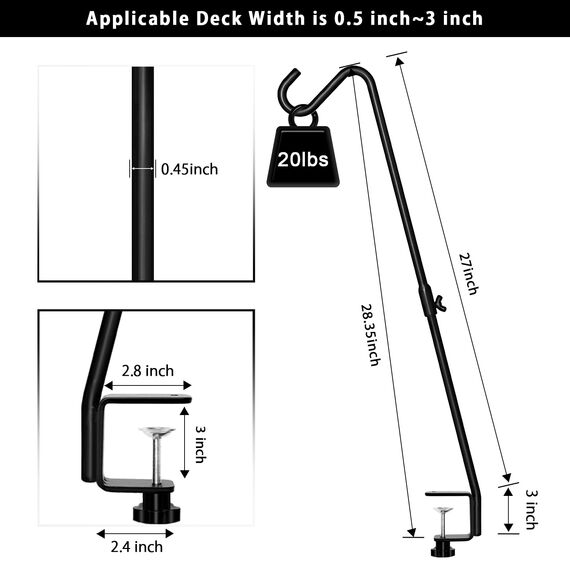 FEED GARDEN, verstellbarer Deckhaken, 73,9 cm, solide Stahl-Deckhänger für Vogelfutterspender, Laternen, Blumenkörbe, Drahtkörbe für Suet-Futter, mit Klemme, Schwarz, 2 Stück