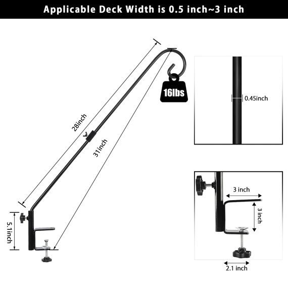 FEED GARDEN, robuster Deckhaken für Geländer, 78,9 cm, rutschfeste Klemme, 360 Grad drehbar, zum Aufhängen von Vogelfutterspendern, Pflanzen, Laternen, Drahtkörben, Windspielen, Schwarz, 2 Stück