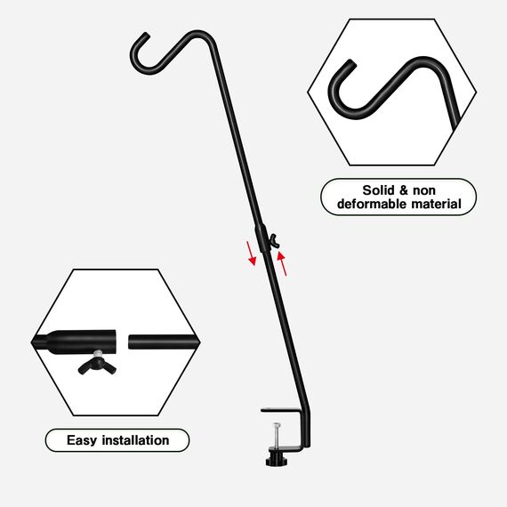 FEED GARDEN, verstellbarer Deckhaken, 73,9 cm, solide Stahl-Deckhänger für Vogelfutterspender, Laternen, Blumenkörbe, Drahtkörbe für Suet-Futter, mit Klemme, Schwarz, 2 Stück