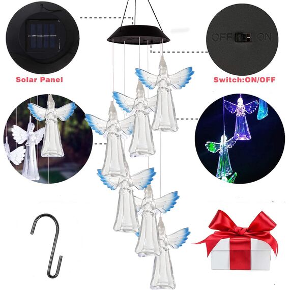 Solarleuchten Windspiele für Draußen,Schmetterling Windspiele Beleuchtung Farbwechsel Solar LED,Hängeleuchte Deko für Terrasse,Garten Party,Baum (Engel)
