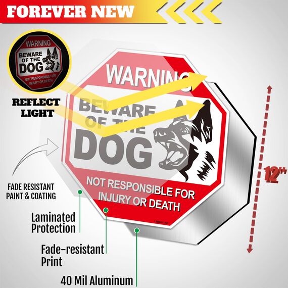 Anley Vorsicht vor dem Hunde-Aluminium-Warnschild, Keine Verantwortung für Verletzungen oder Tod Warn-Hundeschild - UV-geschützt und wetterfest - 12 "x 12"