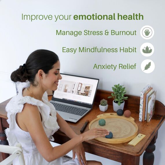 Japanese Zen Garden Kit for Desk - Sand Garden Tools and Accessories Box Set for Office Desktop - 12” Large Round Bamboo Tray, 4 Stamp Spheres, Natural Sand, Rake - Mini Zen Decor Meditation Gifts