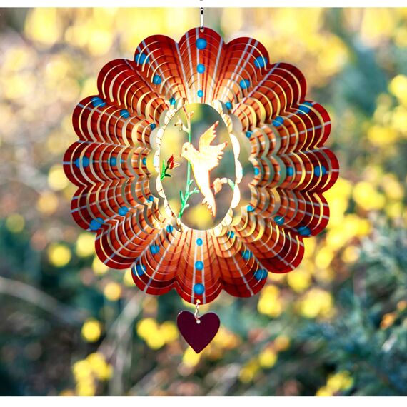 3D-Edelstahl Windspiel 30 cm - Windspiel hängend - Kinetic Windspiel - Innen-/Außendekoration - extra Metalldeko mit Laserschnitt - Kinetic Spinner - Love Bird Kolibri, Gartendeko für draußen