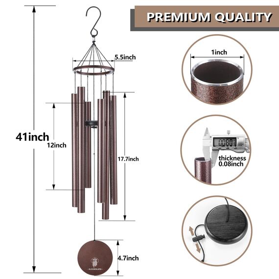 BLESSEDLAND Premium Windspiel 41“, Großer tiefer Ton，6 Metal Tubes, Outdoor-Dekor für Garten, Hof, Patio und Haus(Kupfervene)
