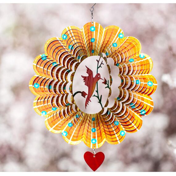 3D-Edelstahl Windspiel 30 cm - Windspiel hängend - Kinetic Windspiel - Innen-/Außendekoration - extra Metalldeko mit Laserschnitt - Kinetic Spinner - Love Bird Kolibri, Gartendeko für draußen