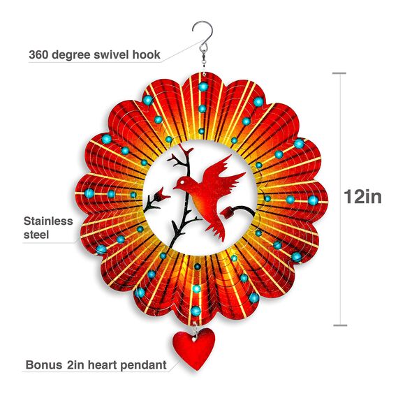 3D-Edelstahl Windspiel 30 cm - Windspiel hängend - Kinetic Windspiel - Innen-/Außendekoration - extra Metalldeko mit Laserschnitt - Kinetic Spinner - Love Bird Kolibri, Gartendeko für draußen