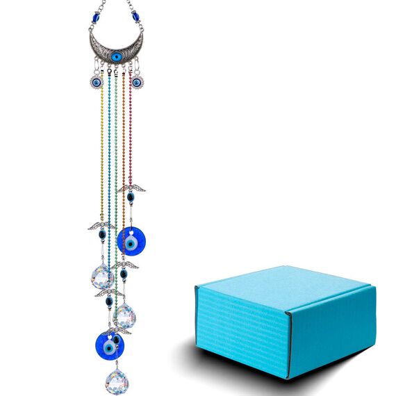 Hängendes Kristall-Sonnenfänger-Ornament mit blauem bösen Blick, Chakra-Energie-Kristallkugel-Prismenanhänger, Regenbogenmacher zur Wohndekoration und Schutz, 50,8 cm