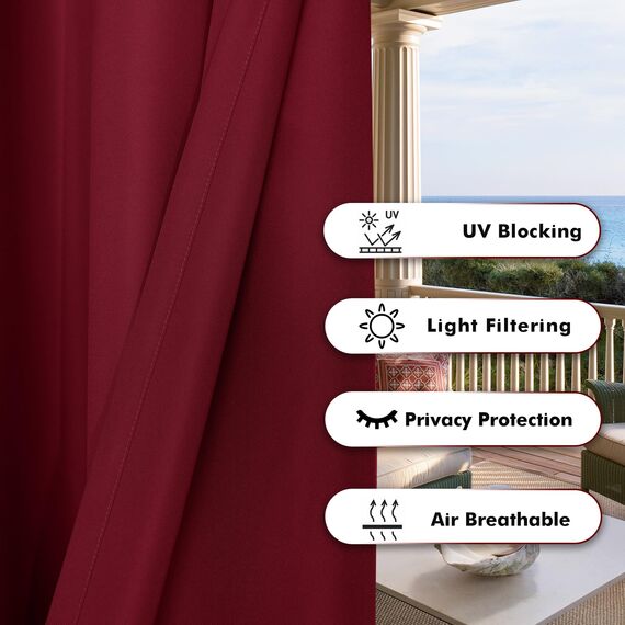 Bonzer Extra breite, wasserdichte Outdoor-Vorhänge für Terrasse, schwer, Privatsphäre, Sonnenlicht blockierend, Ösen, Außenvorhänge für Veranda, Pergola, Pavillon, 1 Stück, 387 x 213 cm, Rot