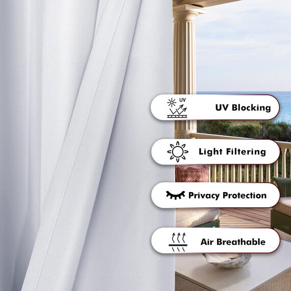 Bonzer Outdoor-Vorhänge für Terrasse, wasserdicht, dick, Privatsphäre, breite Ösen, Sonnenlicht, blockierend, Außenvorhänge für Veranda, Pergola, Pavillon, Deck, 1 Bahn, 275 x 244 cm, Weiß