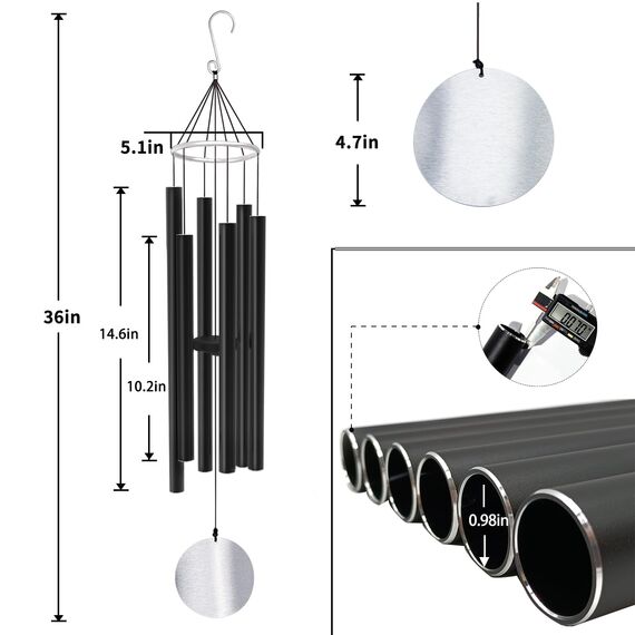 RSTTY Windspiel für den Außenbereich, großer tiefer Ton, großes Windspiel, erstaunliche Anmutung, entspannend, beruhigend, niedriger Bass, Grabschmuck, Trauerkind für Mama, Papa, schwarz