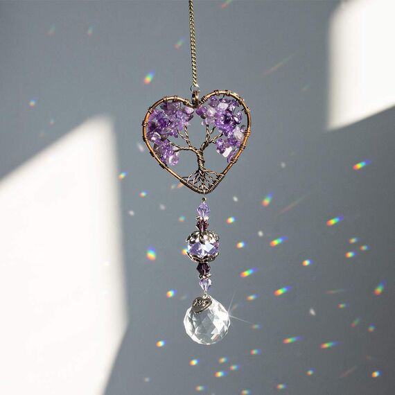 H&D HYALINE & DORA Sonnenfänger, violetter Kristall, Baum des Lebens, Regenbogenmacher, Hängeornament für Fenster, Haus und Auto Dekor