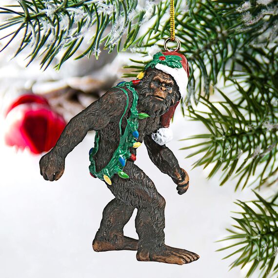 Design Toscano Bigfoot, der Weihnachts-Yeti mit Sabtas Mütze Witzige Weihnachtsbaumdeko, Polyresin, Vollfarbe, 7,5 cm