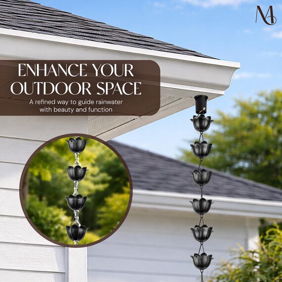 Monarch Rain Chains 18022 Aluminium-Fallrohr für Dachrinnen, große Tasse, Lotus, 2,5 m Länge, Ersatz-Fallrohr für Dachrinnen, Regenkette, 2,5 m, Schwarz