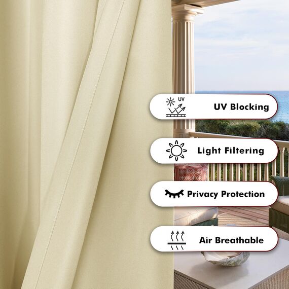 Bonzer wasserdichte Outdoor-Gardinen, Blickdichte Vorhänge für Terrasse, Privatsphäre, Ösen, Sonnenlicht blockierende Außenvorhänge für Pavillon, Veranda, Pergola, 1 Paneel, 137 x 274 cm, cremefarben