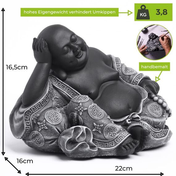 Tiefes Kunsthandwerk Buddha Figur aus Stein in Schwarz, Deko-Statue für Haus und Garten, drinnen oder draußen frostsicher und wetterbeständig, handgefertigt
