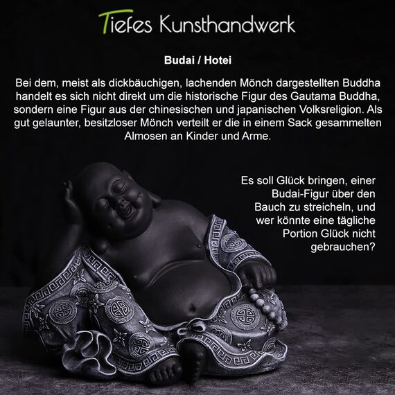 Tiefes Kunsthandwerk Buddha Figur aus Stein in Schwarz, Deko-Statue für Haus und Garten, drinnen oder draußen frostsicher und wetterbeständig, handgefertigt