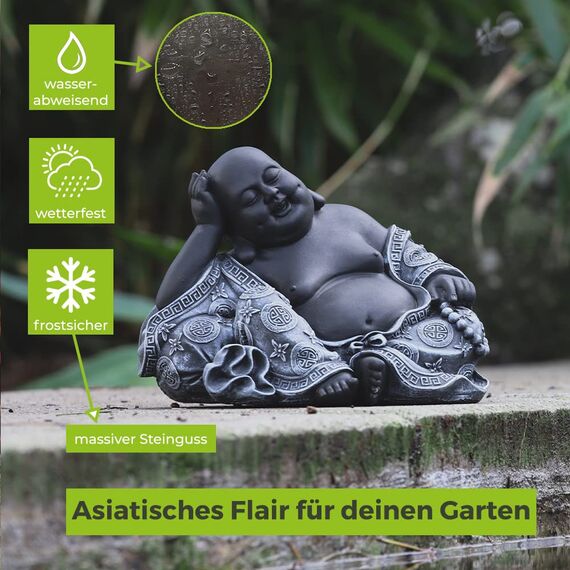 Tiefes Kunsthandwerk Buddha Figur aus Stein in Schwarz, Deko-Statue für Haus und Garten, drinnen oder draußen frostsicher und wetterbeständig, handgefertigt