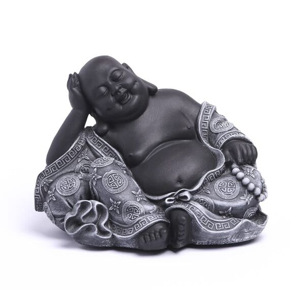 Tiefes Kunsthandwerk Buddha Figur aus Stein in Schwarz, Deko-Statue für Haus und Garten, drinnen oder draußen frostsicher und wetterbeständig, handgefertigt