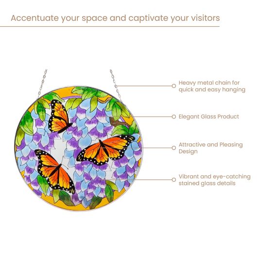 Bits and Pieces - Monarchfalter Schmetterling Sonnenfänger - Handbemaltes Kunstglas - Fenster oder Terrassendeko - 25cm Durchmesser - Glasbild, Fensterbild