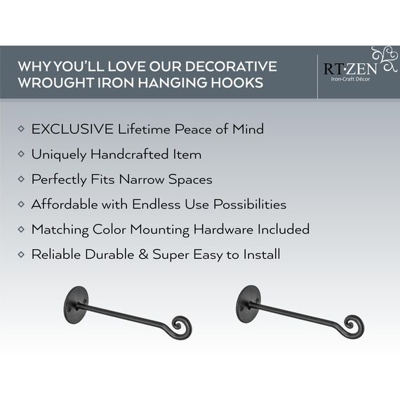 RTZEN Pflanzenaufhänger mit Wirbelhaken – handgeschmiedet, robust, schmiedeeiserne Wanddekoration – für den Innen- und Außenbereich, wirbelnd, Körbe und Windspiele, 2 Stück
