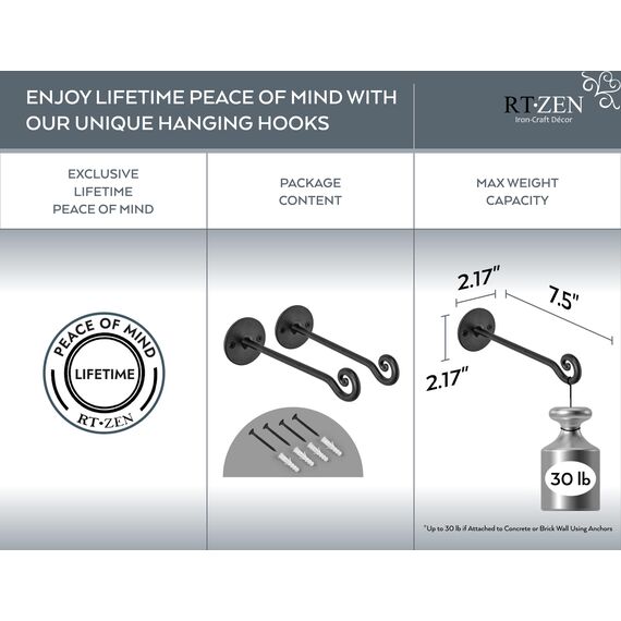 RTZEN Pflanzenaufhänger mit Wirbelhaken – handgeschmiedet, robust, schmiedeeiserne Wanddekoration – für den Innen- und Außenbereich, wirbelnd, Körbe und Windspiele, 2 Stück