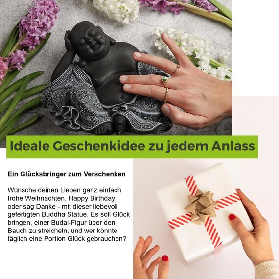 Tiefes Kunsthandwerk Buddha Figur aus Stein in Schwarz, Deko-Statue für Haus und Garten, drinnen oder draußen frostsicher und wetterbeständig, handgefertigt
